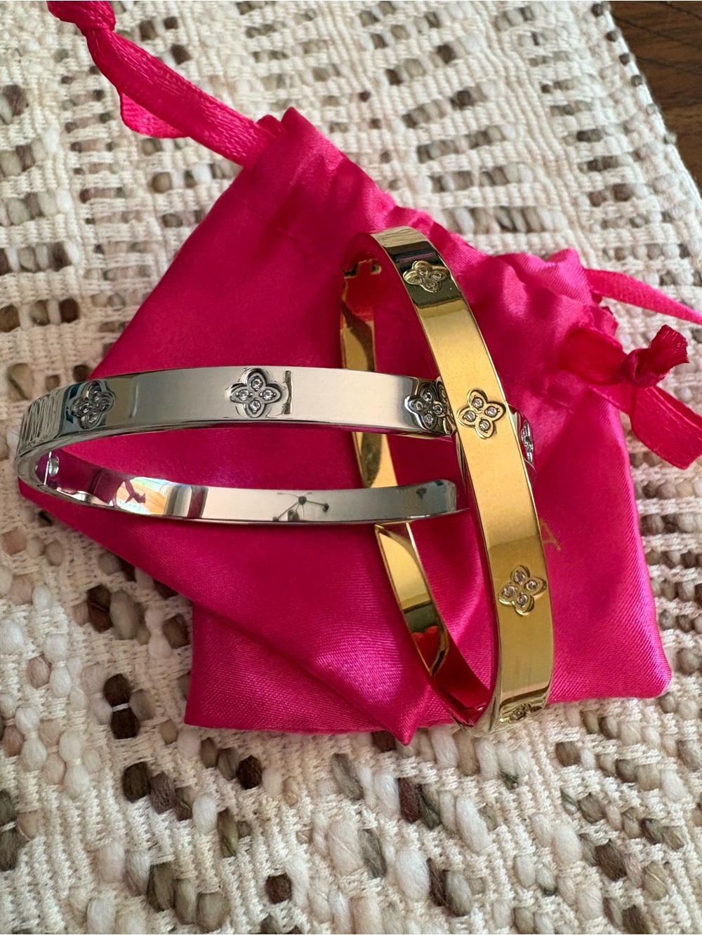 Adornia Silver Tone Hinged Bangle Bracelet with Pink Pouch - Picture 4 of 4